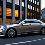 A sleek Mercedes-Benz S-Class Hybrid gracefully gliding through a modern cityscape at dusk. The car's sophisticated design is subtly highlighted by ambient light, conveying quiet, powerful, and refined motion. A slight blur suggests effortless speed and a hint of surprising fuel efficiency, perhaps through a faint, clean energy glow or a digital eco-indicator on the dashboard, emphasizing luxury and silent progress.