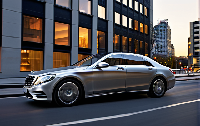 A sleek Mercedes-Benz S-Class Hybrid gracefully gliding through a modern cityscape at dusk. The car's sophisticated design is subtly highlighted by ambient light, conveying quiet, powerful, and refined motion. A slight blur suggests effortless speed and a hint of surprising fuel efficiency, perhaps through a faint, clean energy glow or a digital eco-indicator on the dashboard, emphasizing luxury and silent progress.