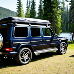 A professional Mercedes-Benz G-Class SUV, parked at a serene lakeside campsite with tall pine trees in the background, under natural, bright lighting. The rear cargo door is open, revealing a meticulously organized interior, packed with premium camping gear. Heavy items like a cooler box and water jug are secured at the base, while lightweight tents and sleeping bags utilize the vertical space, demonstrating efficient cargo management. A sleek, black aero-type roof box is visible on the roof rack. This image conveys a sense of adventure and practical luxury. safe for work, appropriate content, fully clothed, professional, modest, perfect anatomy, correct proportions, natural pose, well-formed hands, proper finger count, natural body proportions.