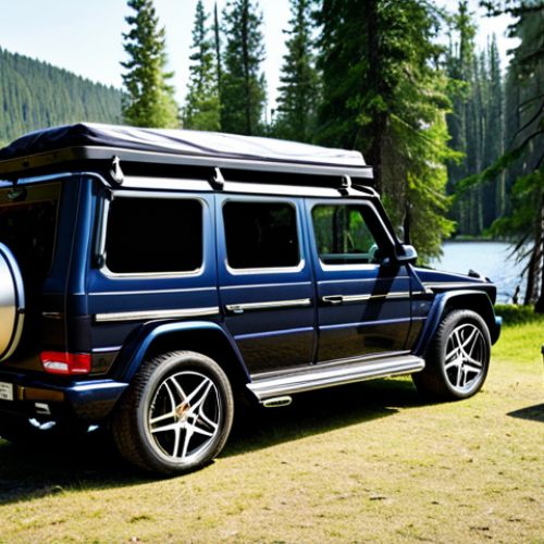 A professional Mercedes-Benz G-Class SUV, parked at a serene lakeside campsite with tall pine trees in the background, under natural, bright lighting. The rear cargo door is open, revealing a meticulously organized interior, packed with premium camping gear. Heavy items like a cooler box and water jug are secured at the base, while lightweight tents and sleeping bags utilize the vertical space, demonstrating efficient cargo management. A sleek, black aero-type roof box is visible on the roof rack. This image conveys a sense of adventure and practical luxury. safe for work, appropriate content, fully clothed, professional, modest, perfect anatomy, correct proportions, natural pose, well-formed hands, proper finger count, natural body proportions.