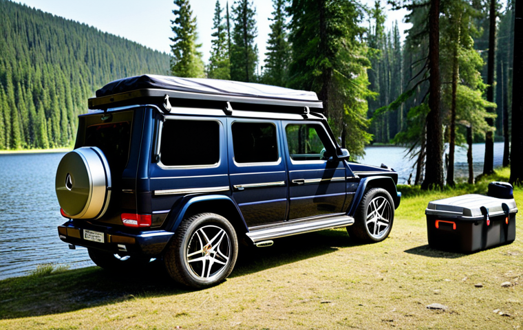 A professional Mercedes-Benz G-Class SUV, parked at a serene lakeside campsite with tall pine trees in the background, under natural, bright lighting. The rear cargo door is open, revealing a meticulously organized interior, packed with premium camping gear. Heavy items like a cooler box and water jug are secured at the base, while lightweight tents and sleeping bags utilize the vertical space, demonstrating efficient cargo management. A sleek, black aero-type roof box is visible on the roof rack. This image conveys a sense of adventure and practical luxury. safe for work, appropriate content, fully clothed, professional, modest, perfect anatomy, correct proportions, natural pose, well-formed hands, proper finger count, natural body proportions.