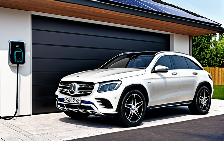 벤츠 GLC 하이브리드의 충전 시간 - Home Charging**

"A modern garage scene with a silver Mercedes-Benz GLC hybrid parked and plugged in...