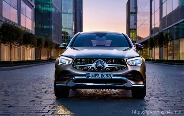 벤츠 GLC 쿠페의 최신 디자인 - **Prompt: A stunning, low-angle shot of the new Mercedes-Benz GLC Coupe's front fascia at dusk in a ...