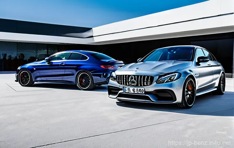 벤츠 AMG C63과 BMW M3 비교 - **Prompt:** A vibrant metallic green BMW M3 Competition, with its aggressive stance, is shown on an ...