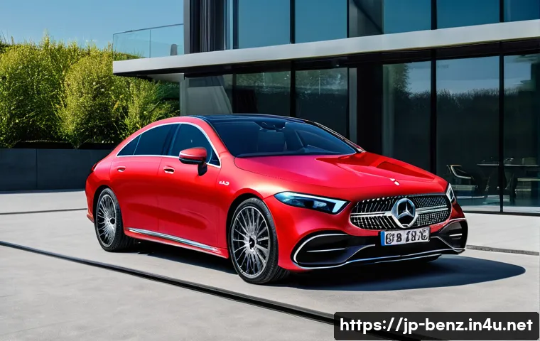 벤츠 EQE와 볼보 C40 비교 - **A luxurious Mercedes-Benz EQE** in a sophisticated urban environment at dusk, highlighting its "on...