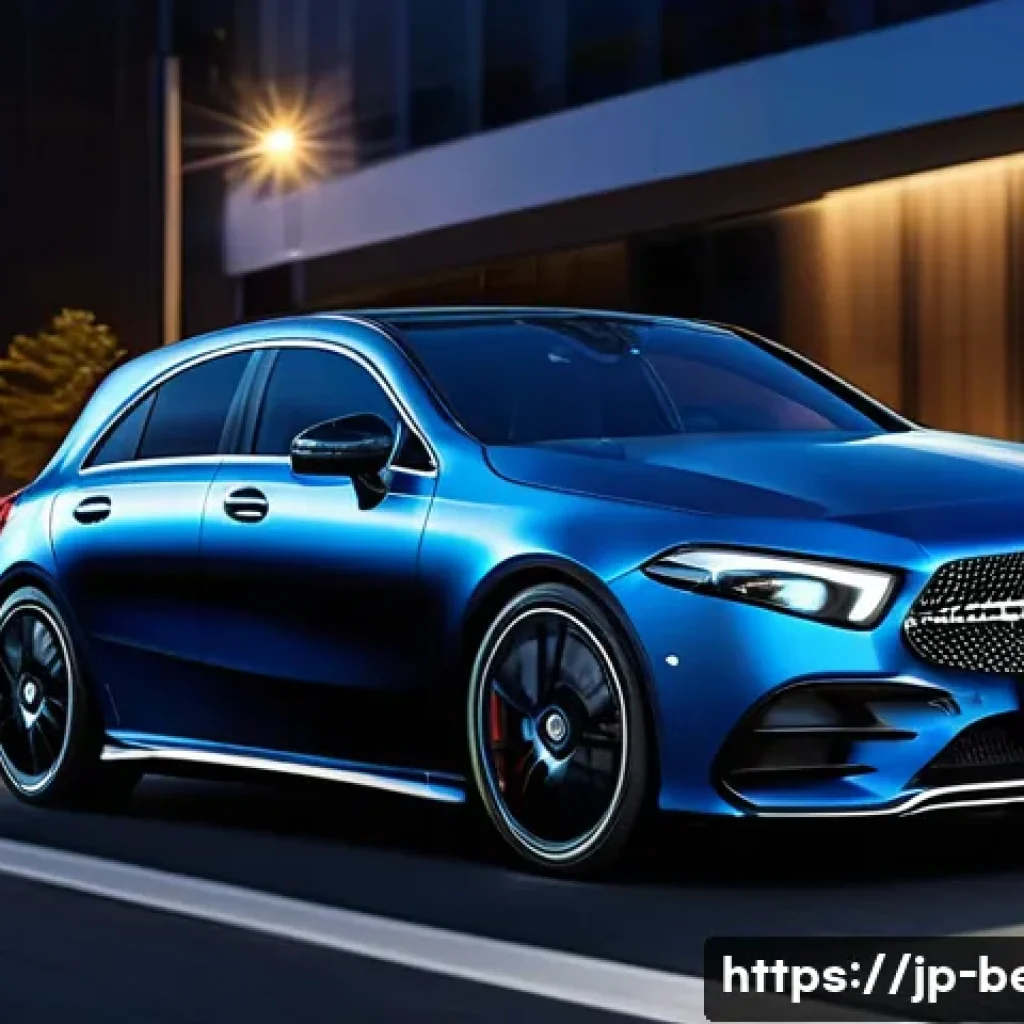 벤츠 A클래스의 최신 트림 분석 - A sleek and modern Mercedes-Benz A-Class car exterior showcased in an urban night setting, emphasizi...