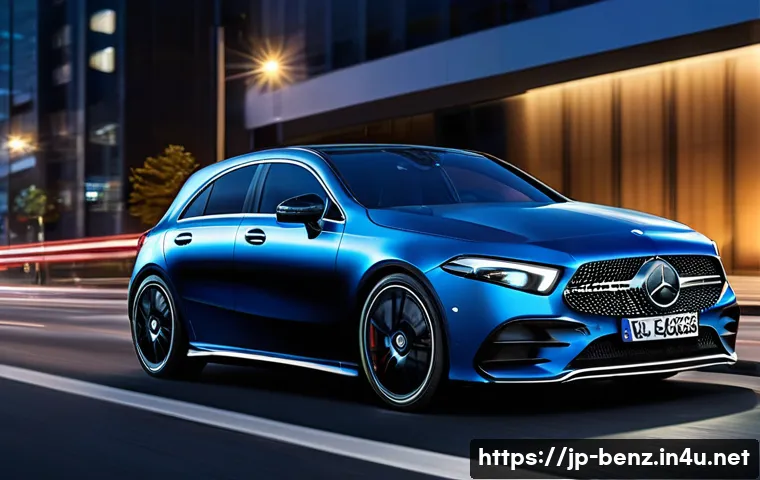 벤츠 A클래스의 최신 트림 분석 - A sleek and modern Mercedes-Benz A-Class car exterior showcased in an urban night setting, emphasizi...