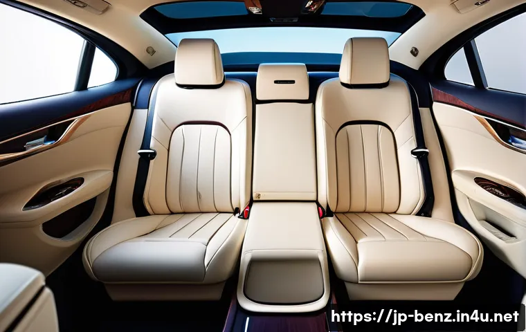 벤츠 S클래스의 마이바흐 에디션 - Ultra-luxurious car interior featuring hand-stitched Nappa leather seats in rich cream color, accent...