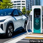 벤츠 EQA의 충전소 위치 정보 - A modern urban electric vehicle charging station scene set in a busy Japanese city during daytime, f...