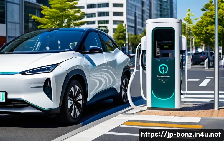 벤츠 EQA의 충전소 위치 정보 - A modern urban electric vehicle charging station scene set in a busy Japanese city during daytime, f...