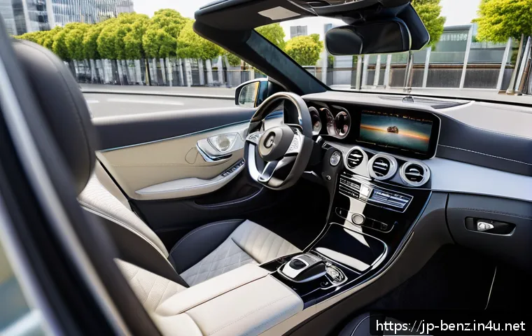 벤츠 E클래스 카브리올레의 장단점 - A sleek silver Mercedes-Benz E-Class Cabriolet cruising through a vibrant Tokyo cityscape on a sunny...