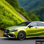 벤츠 AMG A45의 고성능 하이브리드 - A sleek, high-performance AMG A45 hybrid sports car speeding along a winding mountain road in Japan,...