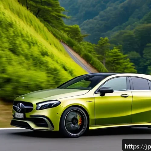 벤츠 AMG A45의 고성능 하이브리드 - A sleek, high-performance AMG A45 hybrid sports car speeding along a winding mountain road in Japan,...