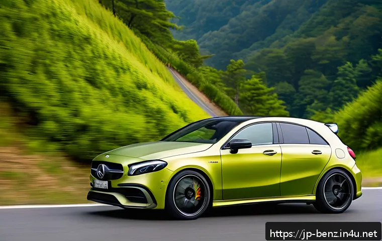 벤츠 AMG A45의 고성능 하이브리드 - A sleek, high-performance AMG A45 hybrid sports car speeding along a winding mountain road in Japan,...