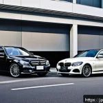벤츠 C클래스와 BMW 3시리즈 유지비 비교 - A sleek and modern comparison scene showing a Mercedes-Benz C-Class and a BMW 3 Series parked side b...