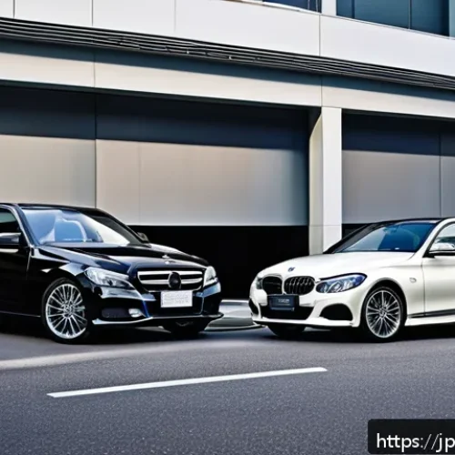 벤츠 C클래스와 BMW 3시리즈 유지비 비교 - A sleek and modern comparison scene showing a Mercedes-Benz C-Class and a BMW 3 Series parked side b...