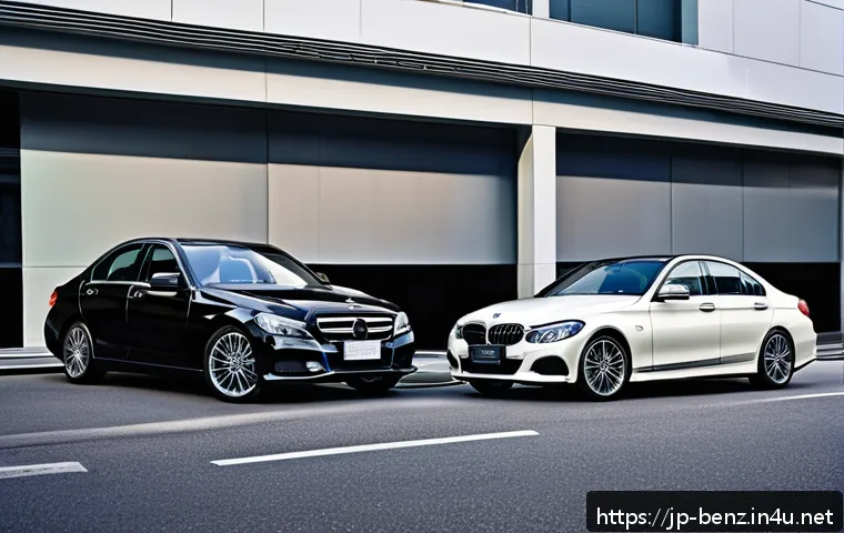 벤츠 C클래스와 BMW 3시리즈 유지비 비교 - A sleek and modern comparison scene showing a Mercedes-Benz C-Class and a BMW 3 Series parked side b...