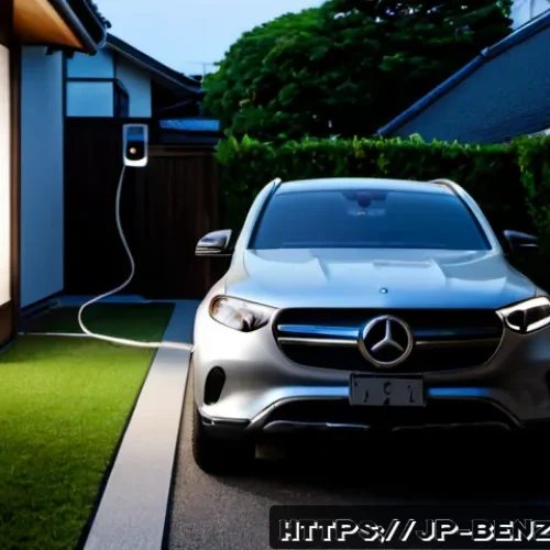 벤츠 EQC 전기차 충전 시간 - Photorealistic evening scene of a sleek Mercedes-Benz EQC electric SUV parked at a modern Japanese h...