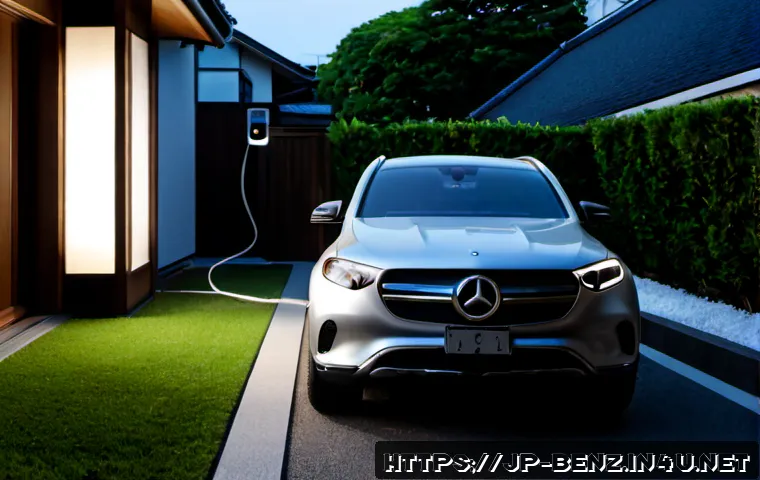 벤츠 EQC 전기차 충전 시간 - Photorealistic evening scene of a sleek Mercedes-Benz EQC electric SUV parked at a modern Japanese h...