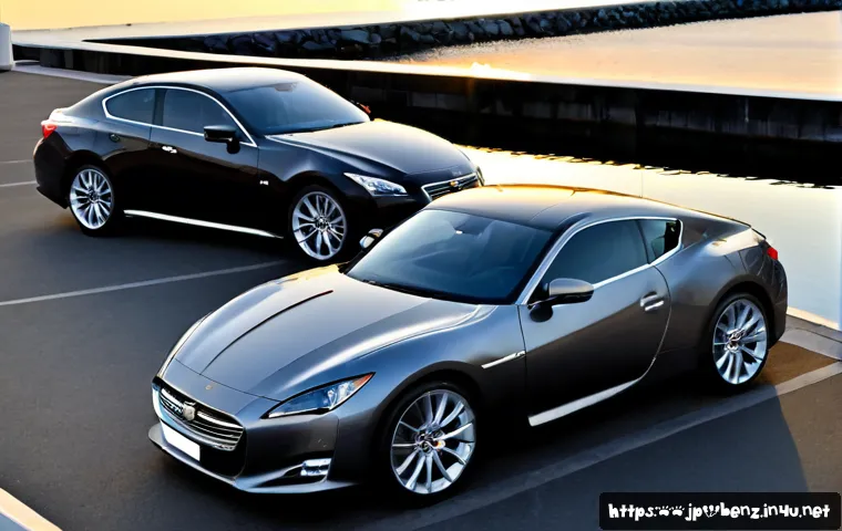벤츠 CLS와 BMW 6시리즈 비교 - Photorealistic side-by-side comparison of two elegant premium four-door grand touring sedans, one sl...