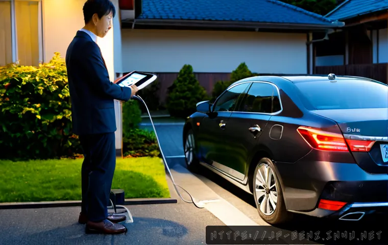 벤츠 E클래스 플러그인 하이브리드의 유지비 - Photorealistic premium German-style midsize plug-in hybrid sedan parked beside a modern Japanese sub...